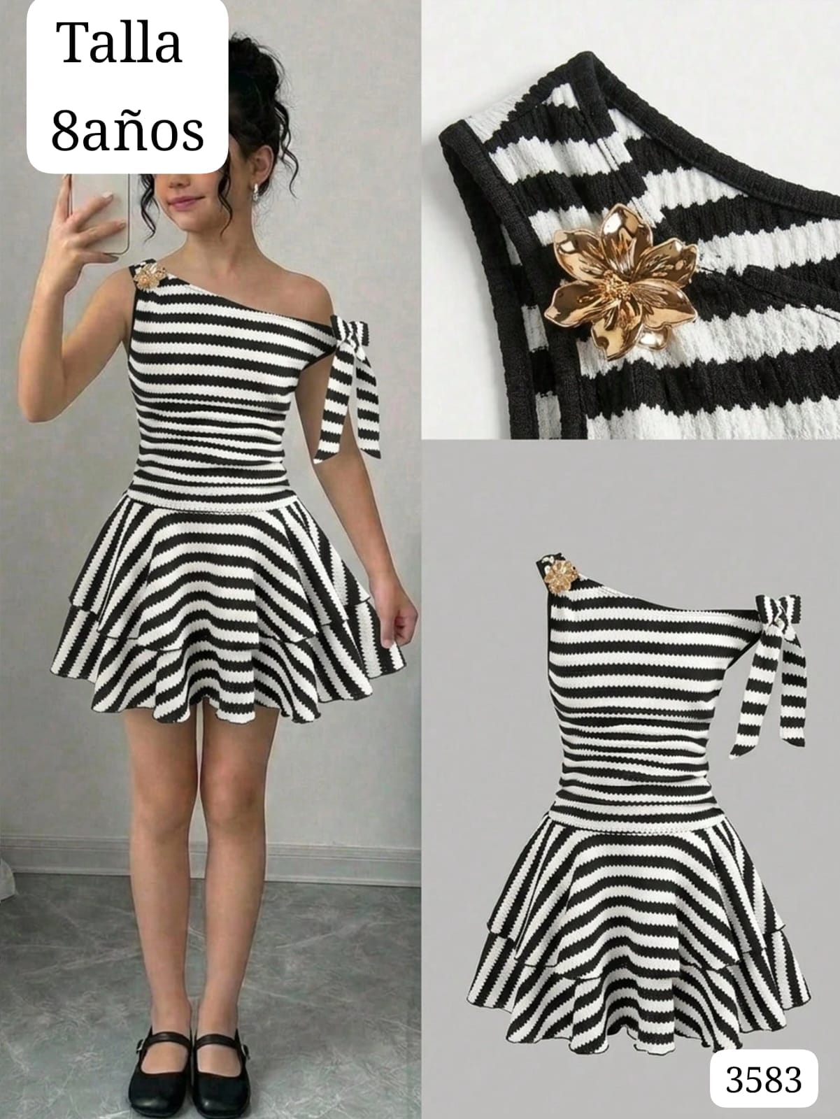 VESTIDO BLANCO RAYAS NEGRAS MANGA CAIDA CON FLOR METALICA DE NIÑA