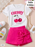 CONJUNTO DE CAMISETA BLANCA DE CHERRY Y FALDA ROSA DE NIÑA