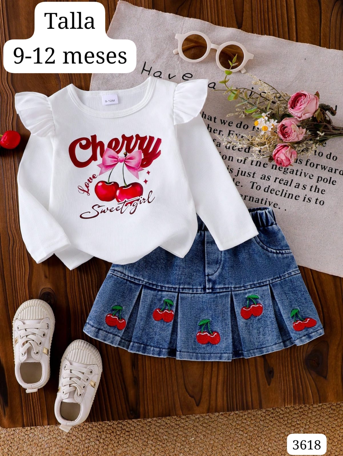 CONJUNTO DE CAMISA MANGA LARGA BLANCA Y FALDA JEAN DE NIÑA