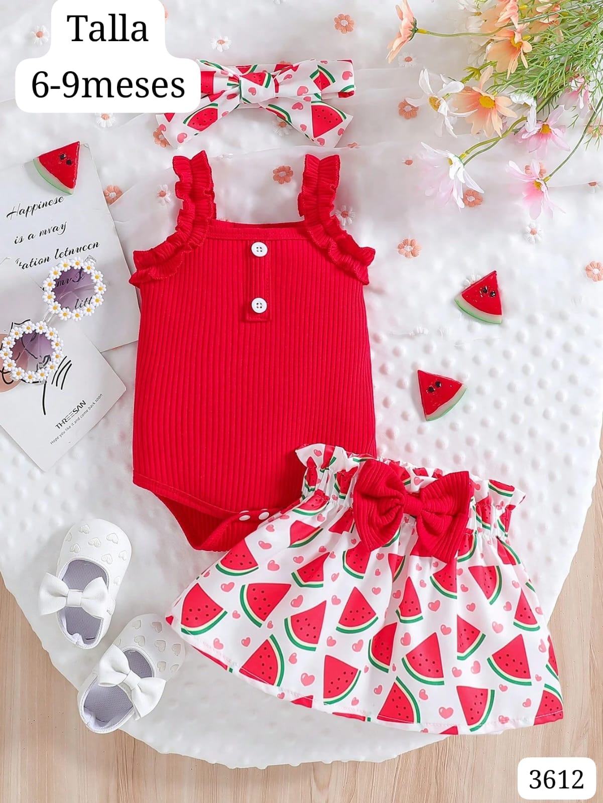 MAMELUCO ROJO Y FALDA DE SANDIAS DE NIÑA
