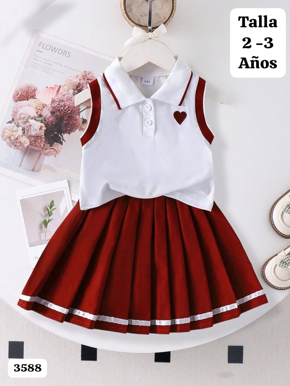 CONJUNTO DE CAMISA SIN MANGAS Y FALDA ROJO VINO DE NIÑA