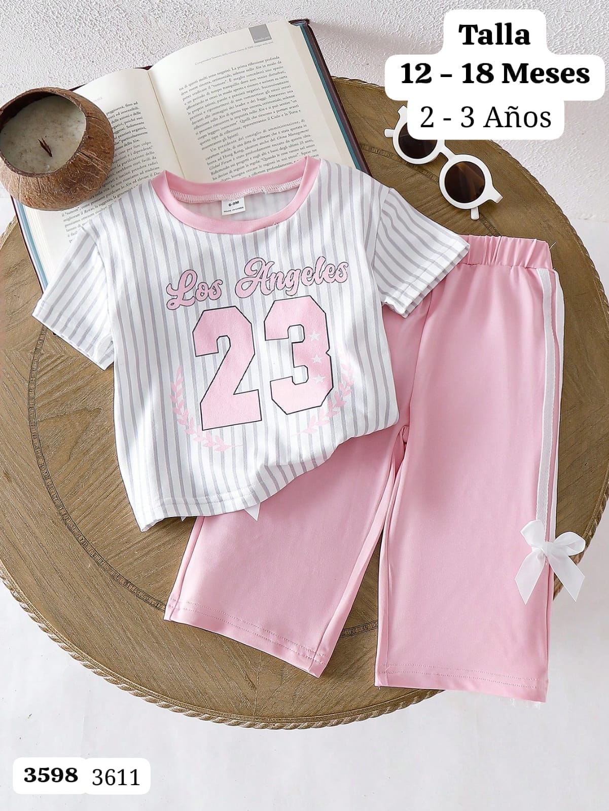 CONJUNTO DE CAMISA BLANCA CON RAYAS Y PANTALONETA ROSA DE NIÑA