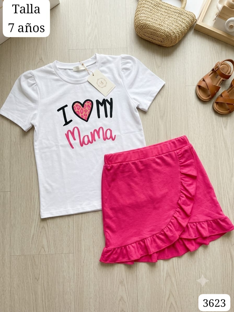 CONJUNTO DE CAMISETA BLANCA Y FALDA ROSA DE NIÑA