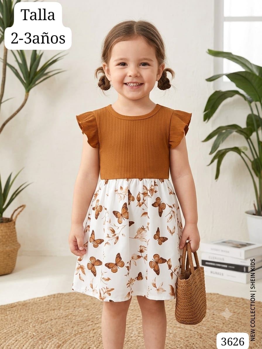 VESTIDO BALNCO Y MARRÒN CON MARIPOSAS