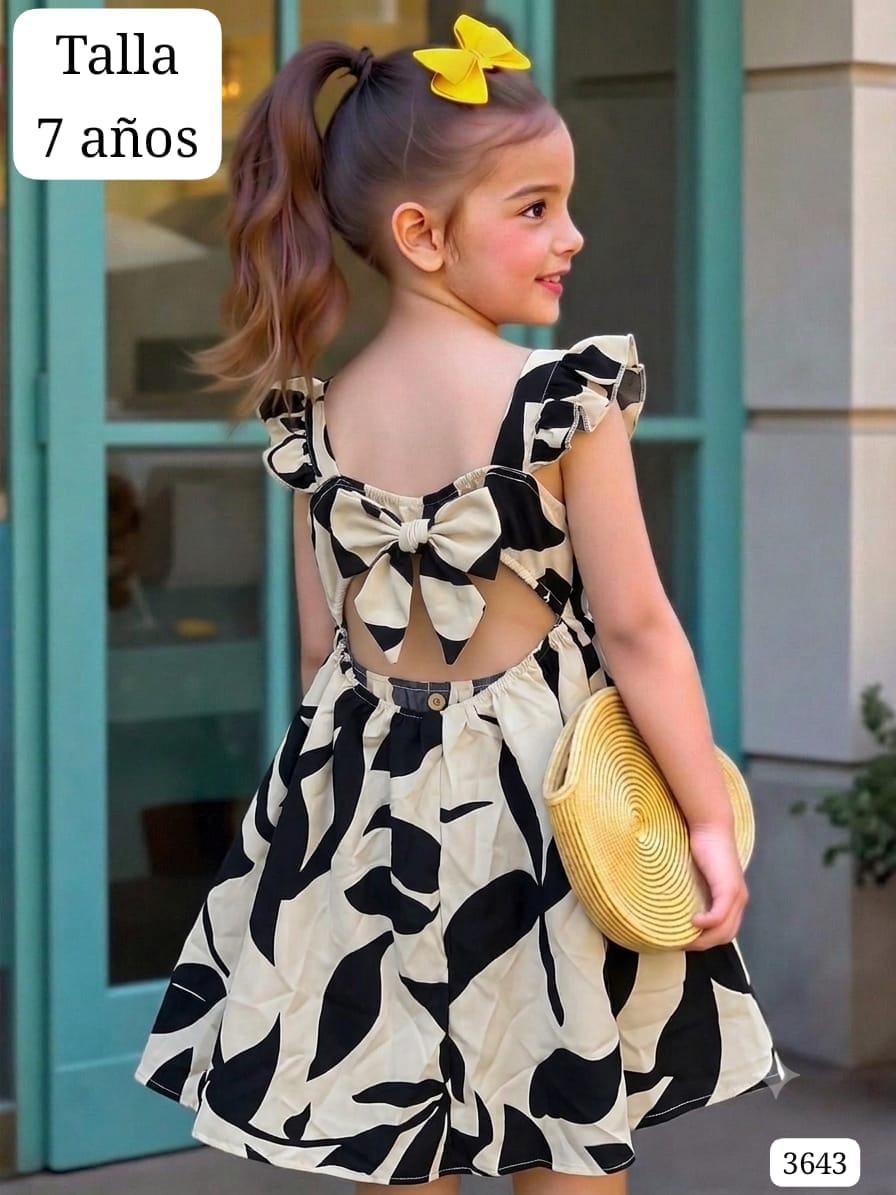 VESTIDO BEIGE Y NEGRO CON DETALLE DE CHONGO EN LA ESPALDA DE NIÑA