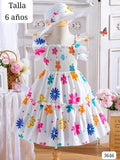 VESTIDO BLANCO CON FLORES DE COLORES Y SOBRERO DE NIÑA