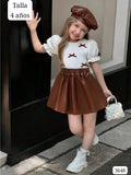 CONJUNTO DE FALDA CAFE DE CUERO Y CAMISA BLANCA DE NIÑA