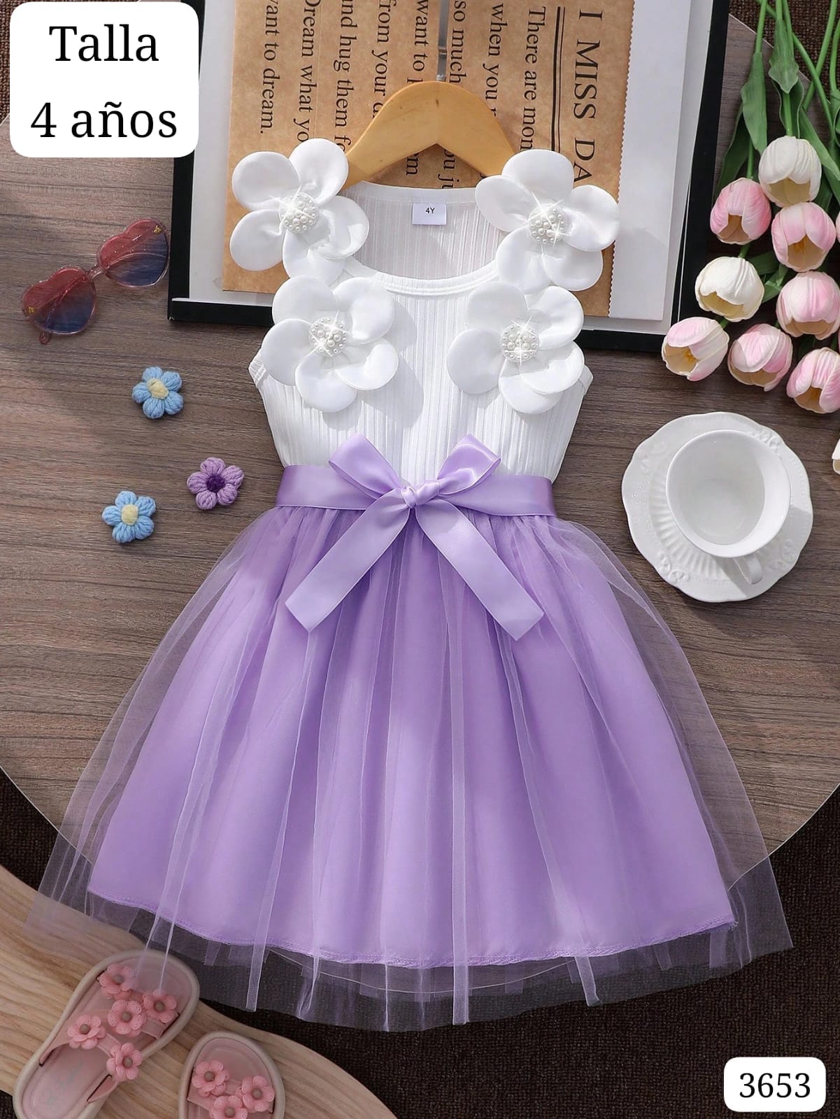 VESTIDO BLANCO Y VERDE CON LISTON DE NIÑA