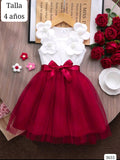 VESTIDO BLANCO Y ROJO VINO CON LISTON DE NIÑA