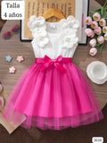VESTIDO BLANCO Y ROSA FUCSIA CON LISTON DE NIÑA