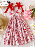 VESTIDO ROSA FLOREADO CON LISTONES ROJOS DE NIÑA