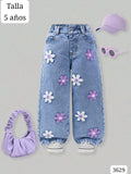 PANTALON JEAN ANCHO CON FLORES DE NIÑA
