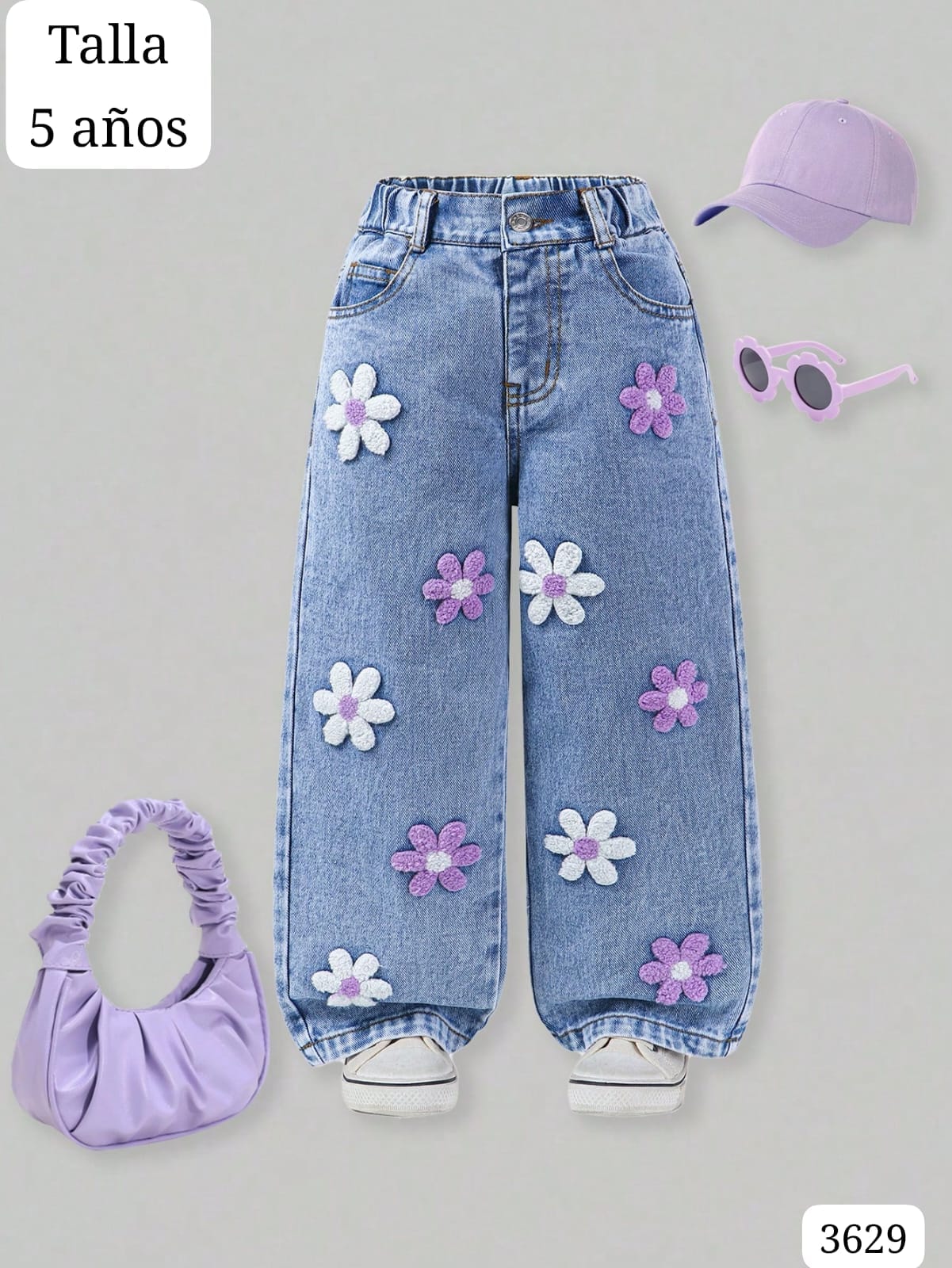PANTALON JEAN ANCHO CON FLORES DE NIÑA