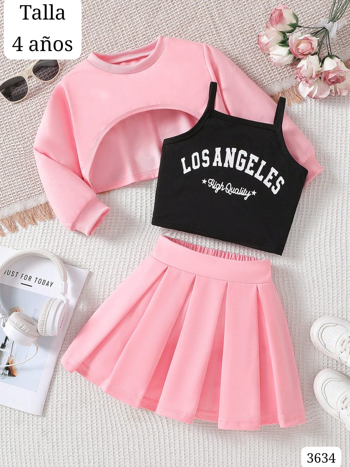 3 PIEZAS DE CONJUNTO ROSA DE FALDA DE NIÑA