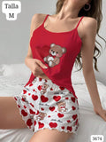 PIJAMA DE CENTRO ROJO Y SHORT BLANCO CON CORAZONES Y OSOS