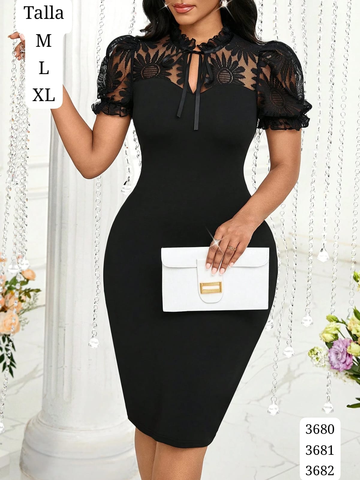 VESTIDO NEGRO LARGO Y ELEGANTE CON MANGAS DE DAMA