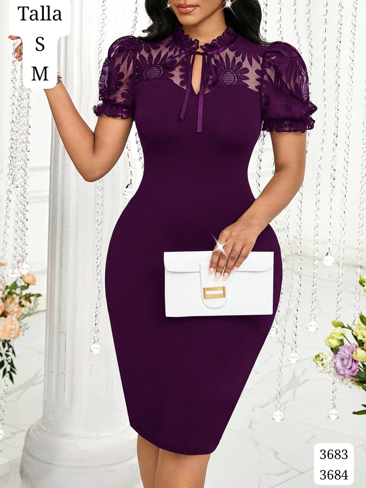 VESTIDO MORADO LARGO Y ELEGANTE CON MANGAS DE DAMA