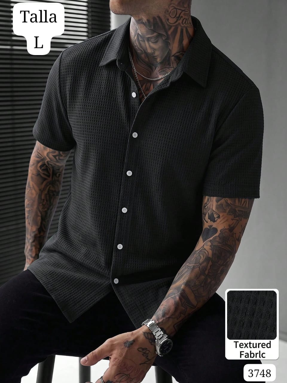 CAMISA NEGRA MANGA CORTA DE BOTONES DE HOMBRE