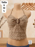 BLUSA BEIGE OSCURO DE TIRANTES DE AMARRAR DE MUJER