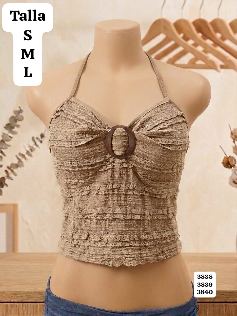 BLUSA BEIGE OSCURO DE TIRANTES DE AMARRAR DE MUJER