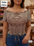 BLUSA CAFÉ CLARO ESTILO CAMPESINA CON CORDON DE AMARAR DE DAMA