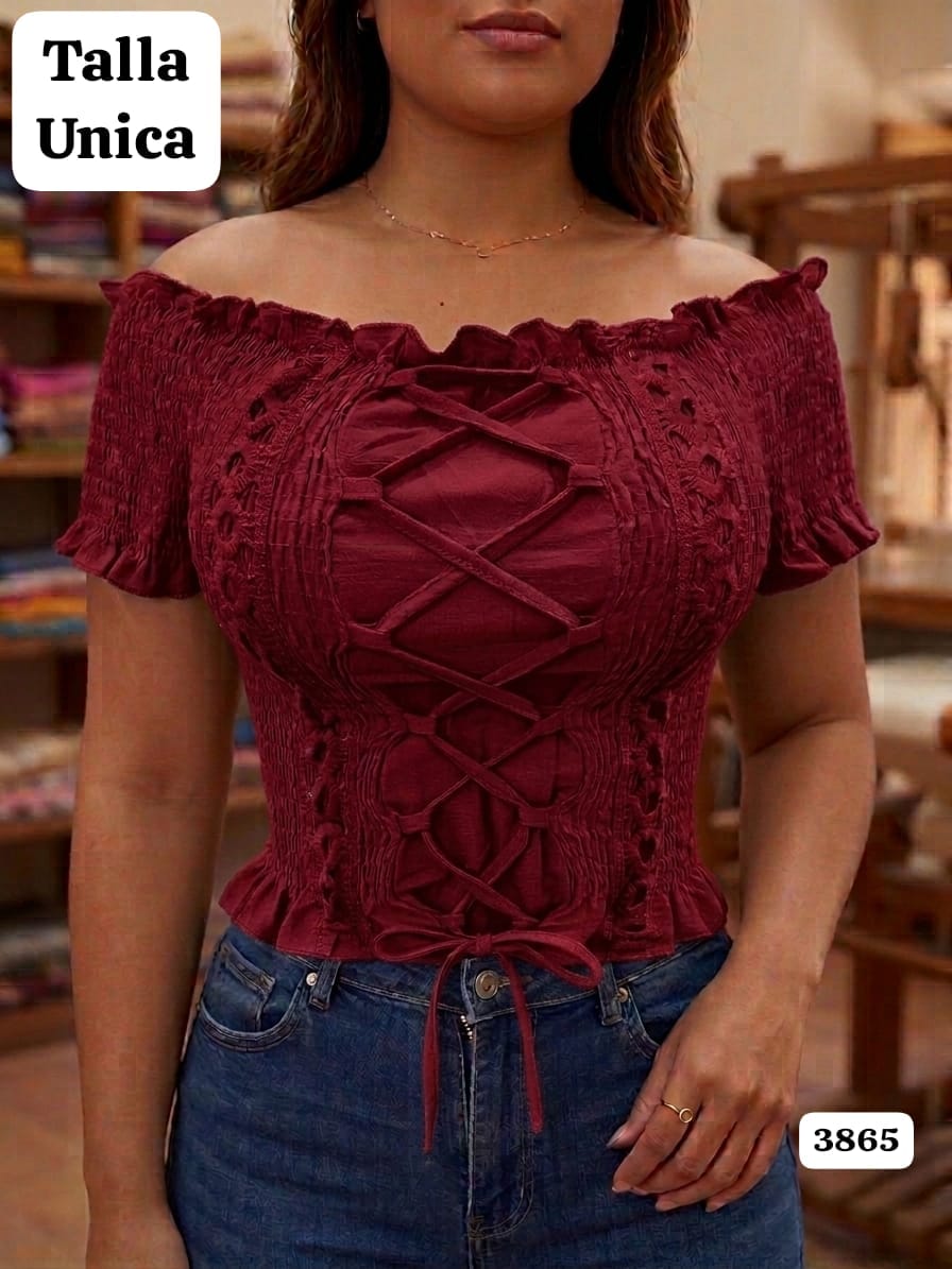 BLUSA ROJO VINO ESTILO CAMPESINA CON CORDON DE AMARAR DE DAMA