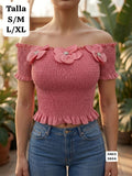 BLUSA ROSA ELASTICA ESTILO CAMPESINA CON FLORES DE MUJER