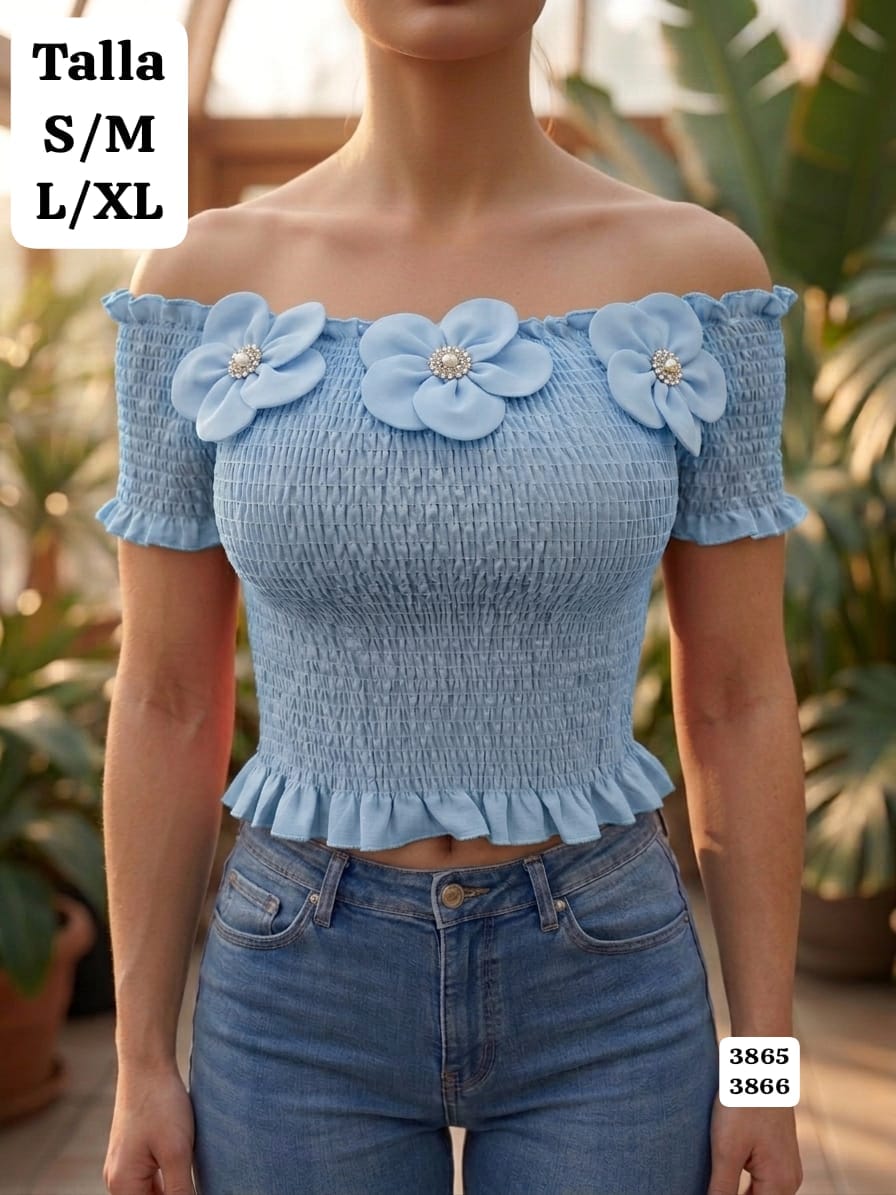 BLUSA CELESTE ELASTICA ESTILO CAMPESINA CON FLORES DE MUJER