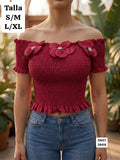 BLUSA ROJO VINO ELASTICA ESTILO CAMPESINA CON FLORES DE MUJER