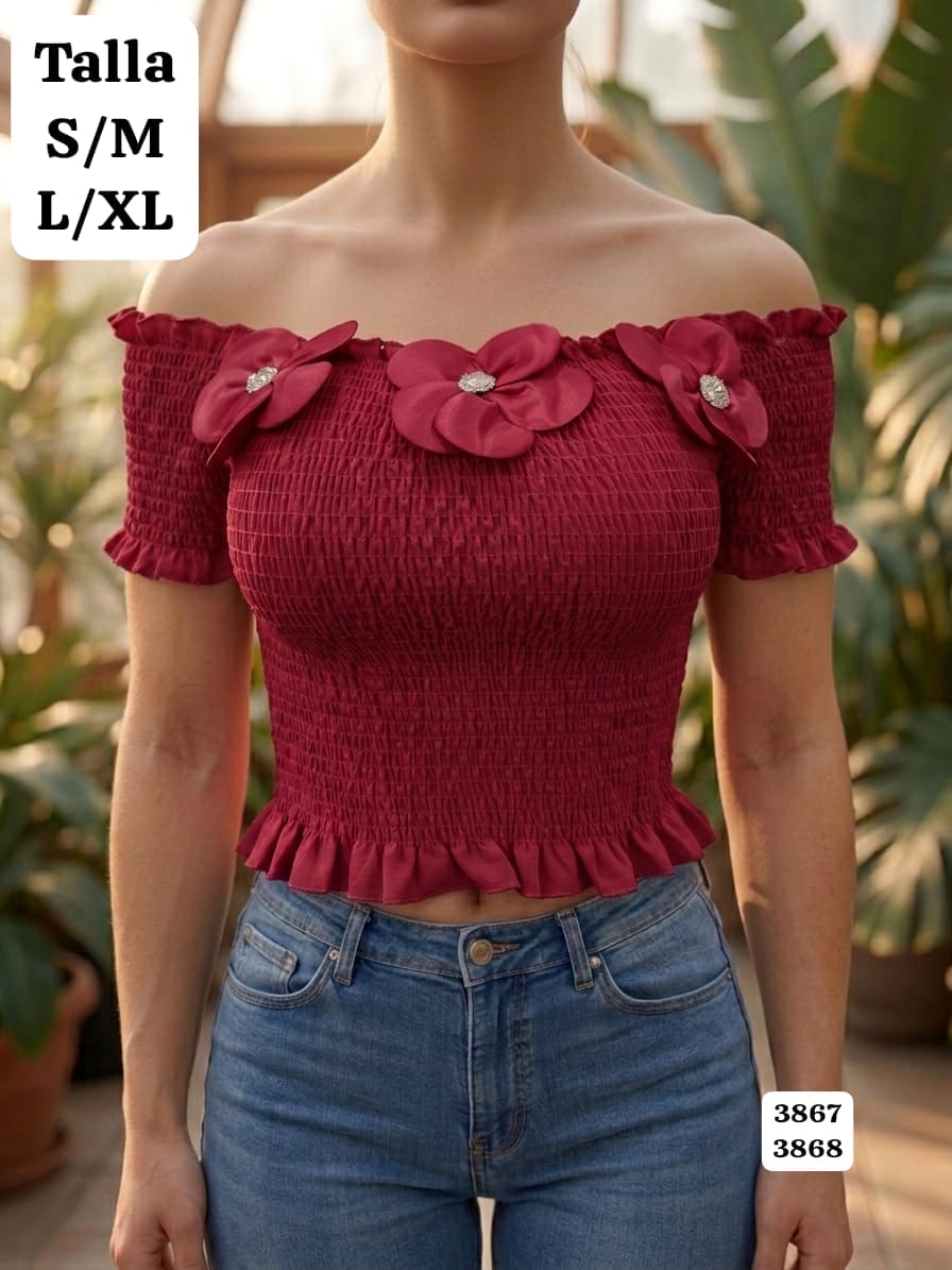 BLUSA ROJO VINO ELASTICA ESTILO CAMPESINA CON FLORES DE MUJER
