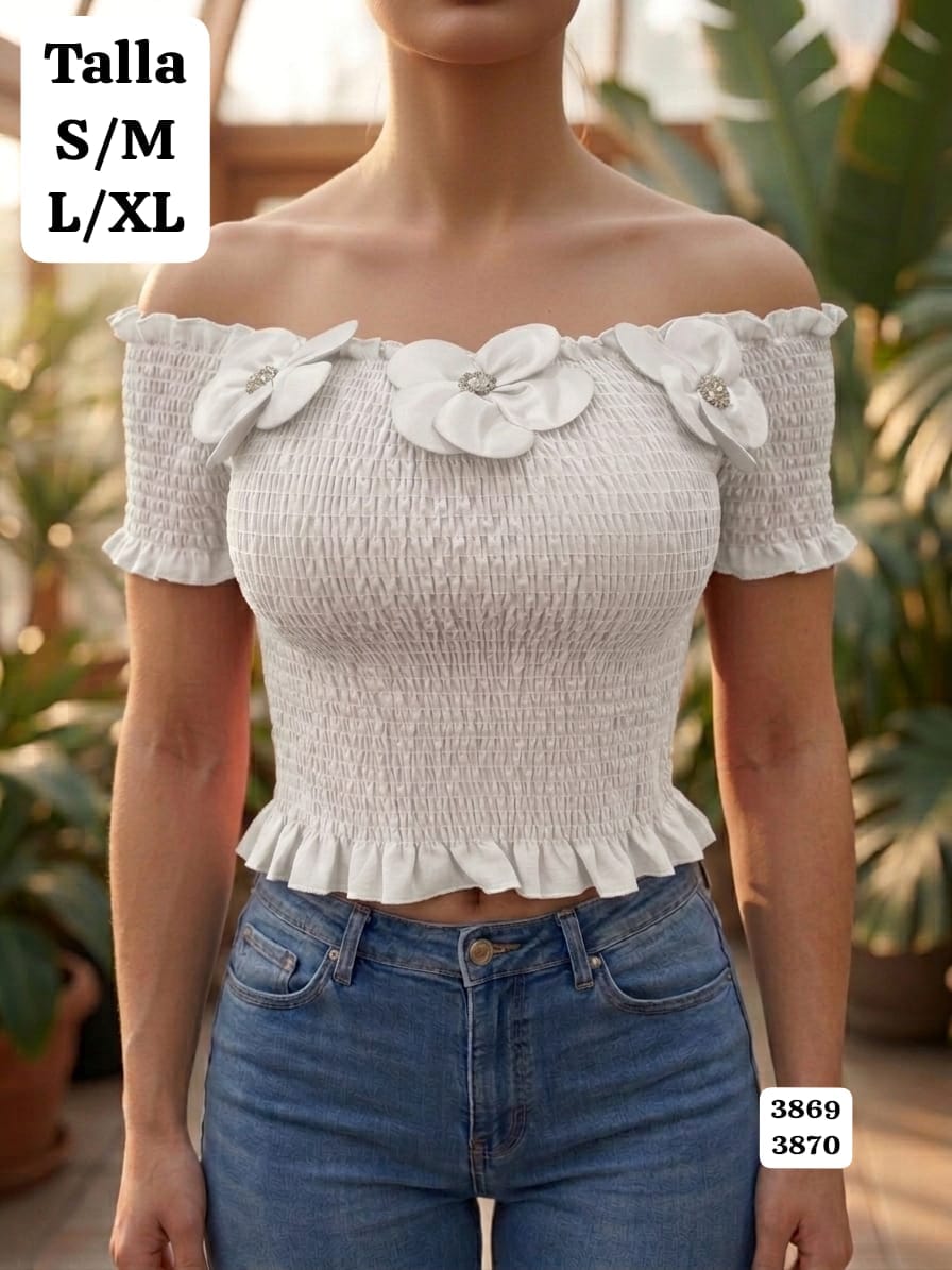BLUSA BLANCA ELASTICA ESTILO CAMPESINA CON FLORES DE MUJER