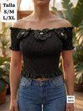 BLUSA NEGRA ELASTICA ESTILO CAMPESINA CON FLORES DE MUJER