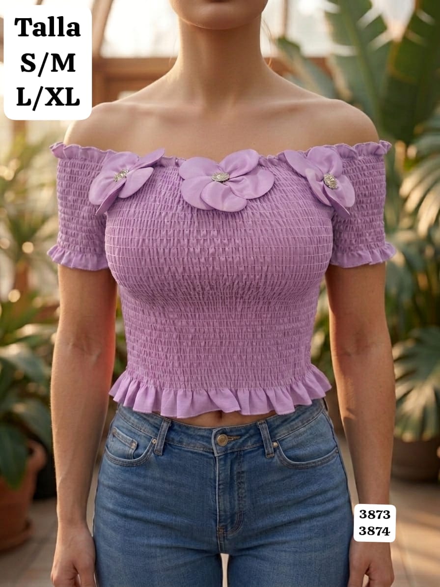 BLUSA LILA ELASTICA ESTILO CAMPESINA CON FLORES DE MUJER