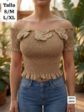 BLUSA CAFE CLARO ELASTICA ESTILO CAMPESINA CON FLORES DE MUJER