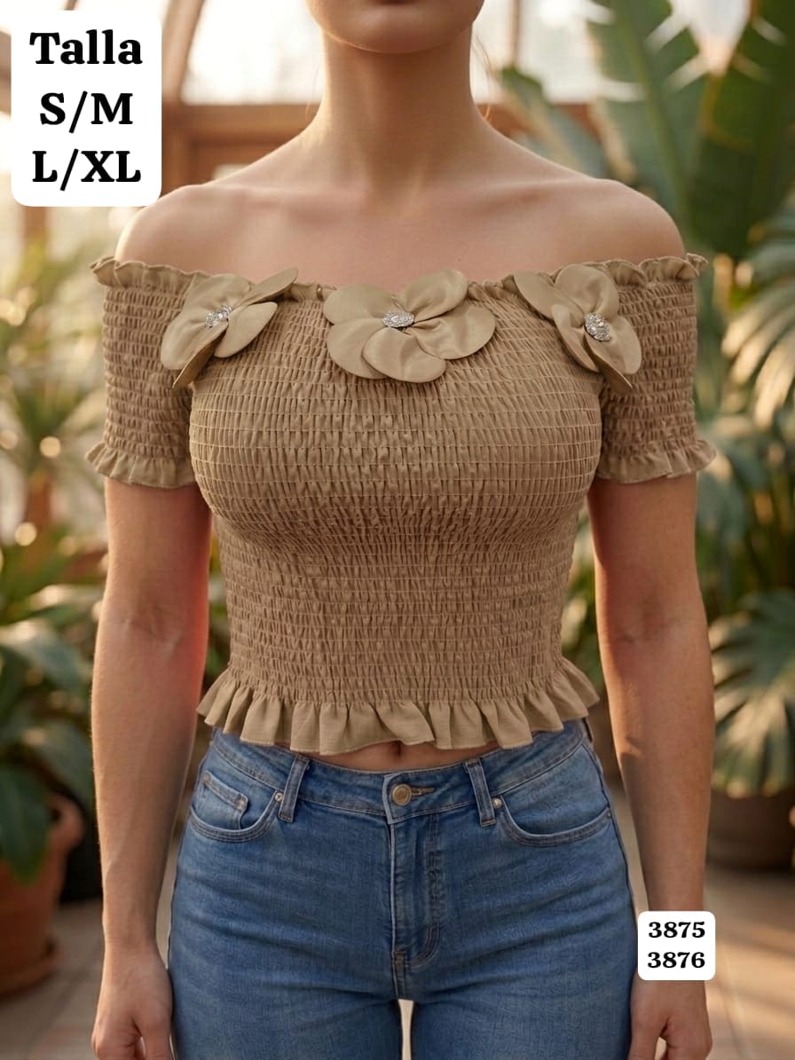 BLUSA CAFE CLARO ELASTICA ESTILO CAMPESINA CON FLORES DE MUJER