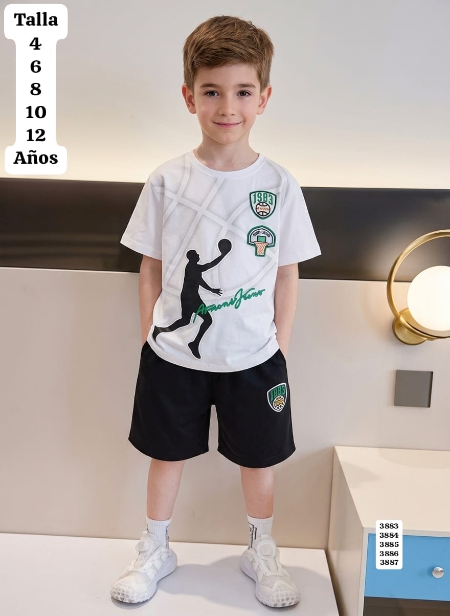 CONJUNTO DE CAMISETA BLANCA Y SHORT NEGRO DE NIÑO