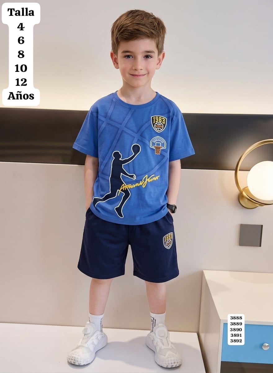 CONJUNTO DE CAMISETA AZUL Y SHORT AZUL MARINO DE NIÑO