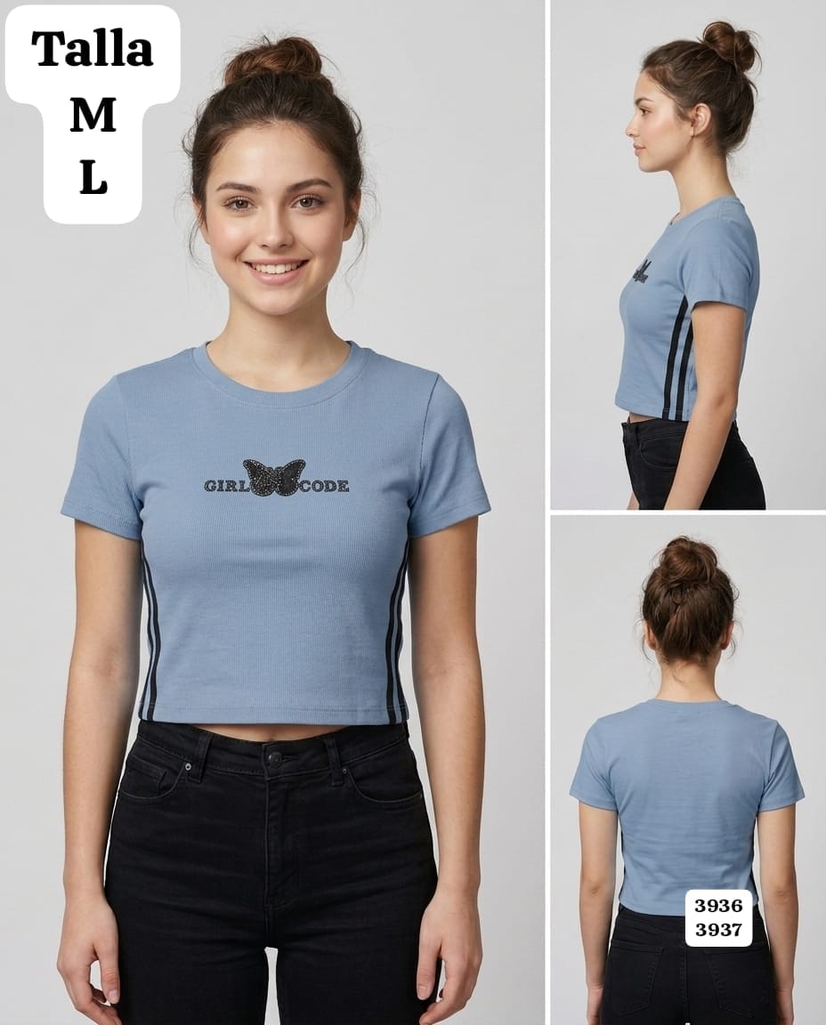 CAMISA CELESTE CON LINEAS NEGRAS DE MUJER