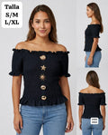 BLUSA NEGRA CON DIJEN METALICOS DORADOS DE MUJER