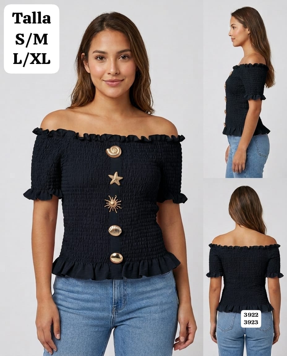 BLUSA NEGRA CON DIJEN METALICOS DORADOS DE MUJER