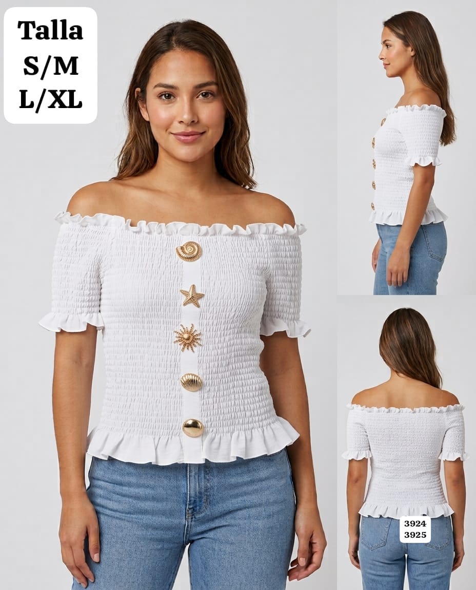 BLUSA BLANCA CON DIJEN METALICOS DORADOS DE MUJER