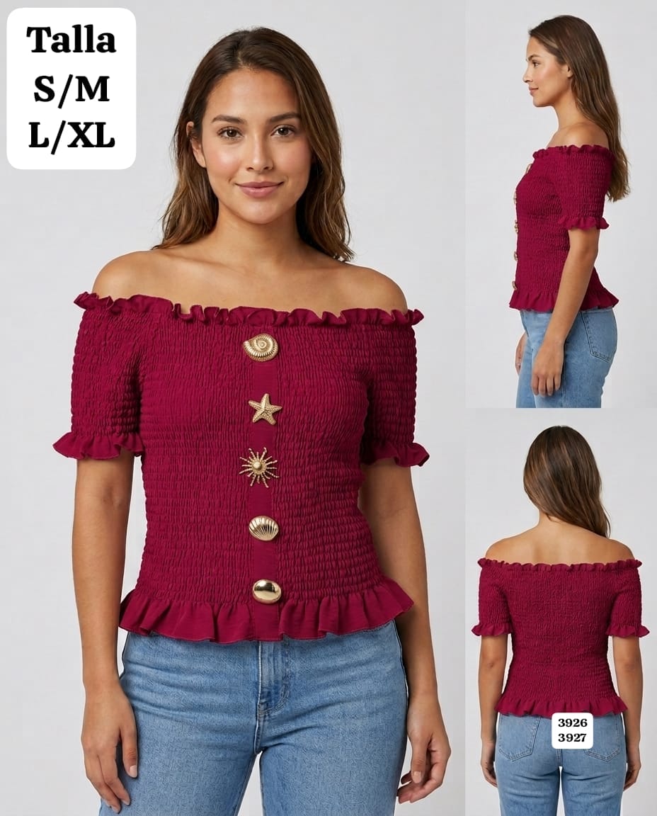 BLUSA ROJO VINO CON DIJEN METALICOS DORADOS DE MUJER
