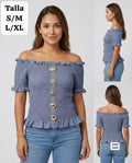 BLUSA CELESTE NEBLINA CON DIJEN METALICOS DORADOS DE MUJER