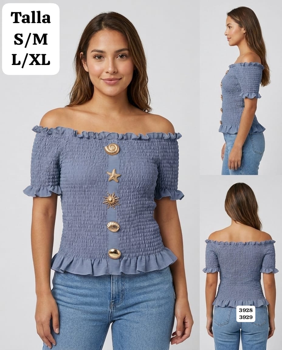 BLUSA CELESTE NEBLINA CON DIJEN METALICOS DORADOS DE MUJER