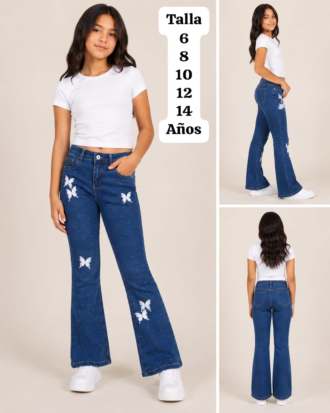 PANTALON CAMPANA CON PERLAS Y MARIPOSAS DE NIÑA