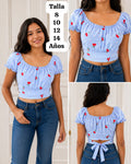 BLUSA CELESTE CORTA DE AMARRAR DE NIÑA