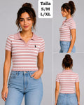 BLUSA ROSA CON RAYAS BLANCAS TIPO POLO DE MUJER