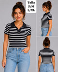 BLUSA NEGRA CON RAYAS BLANCAS TIPO POLO DE MUJER