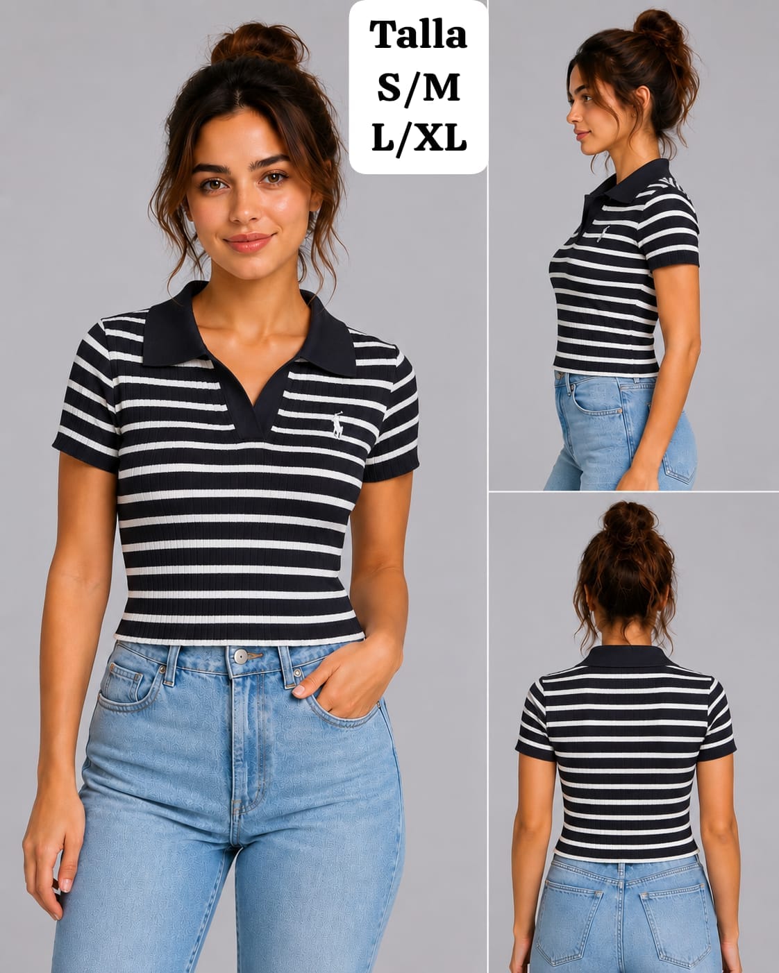 BLUSA NEGRA CON RAYAS BLANCAS TIPO POLO DE MUJER