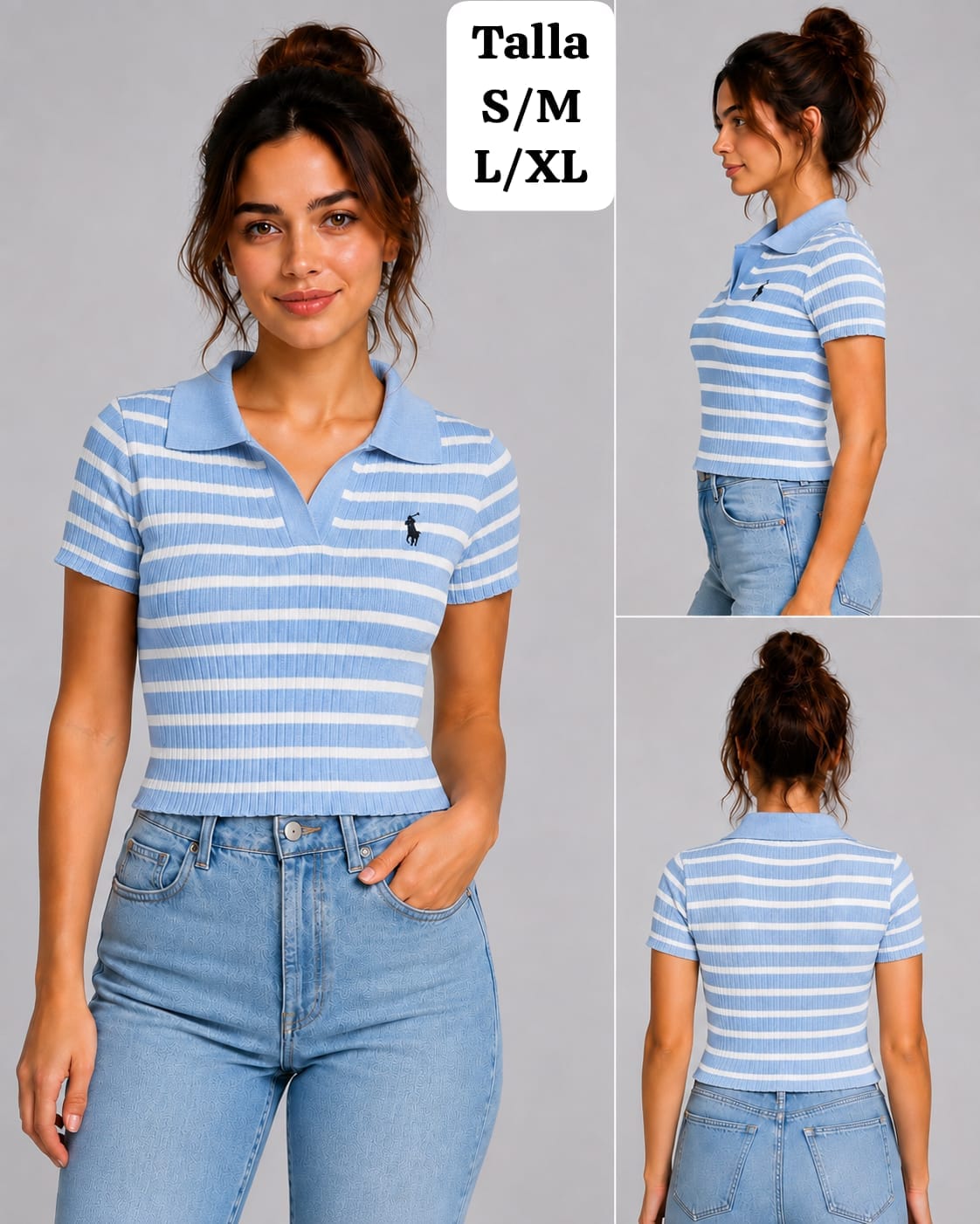 BLUSA CELESTE CON RAYAS BLANCAS TIPO POLO DE MUJER
